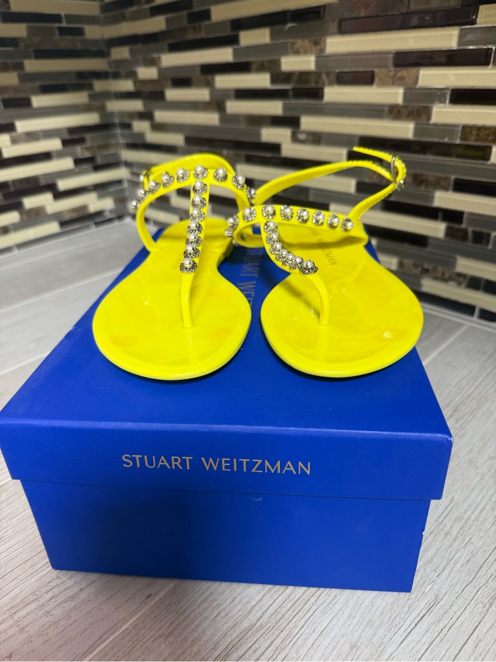 Stuart Weitzman Neon Yellow Jeweled T-Strap Sandals